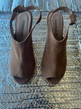 Brown Suede Peep-Toe Slingback Heels